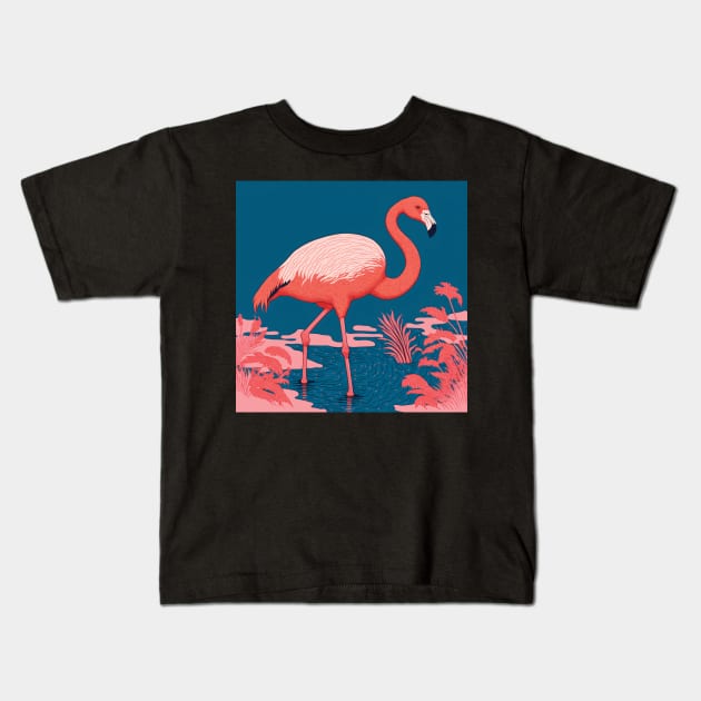 Flamingo in a Lake in bold Pink and Blue Kids T-Shirt by Geminiartstudio